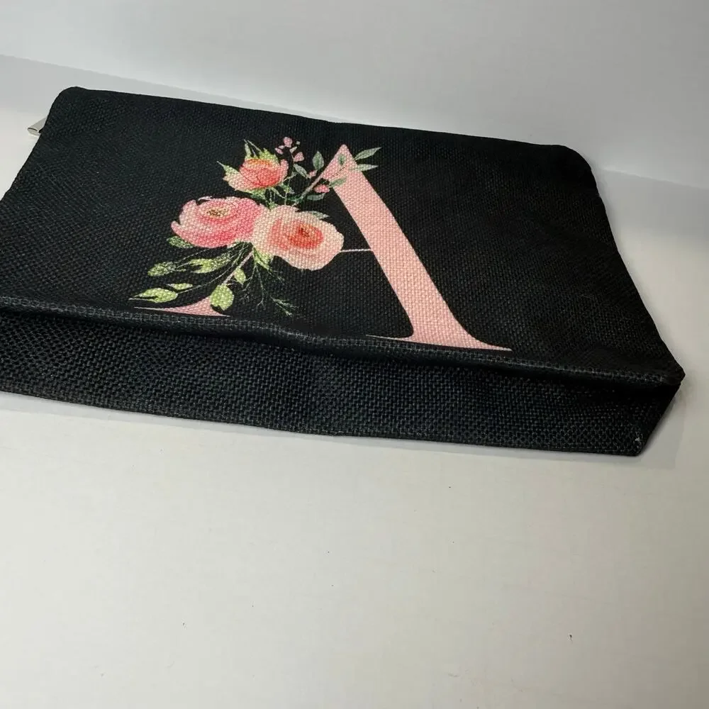 Monogram Letter A Makeup Zipper Pouch Black Canvas Cosmetic Bag NEW